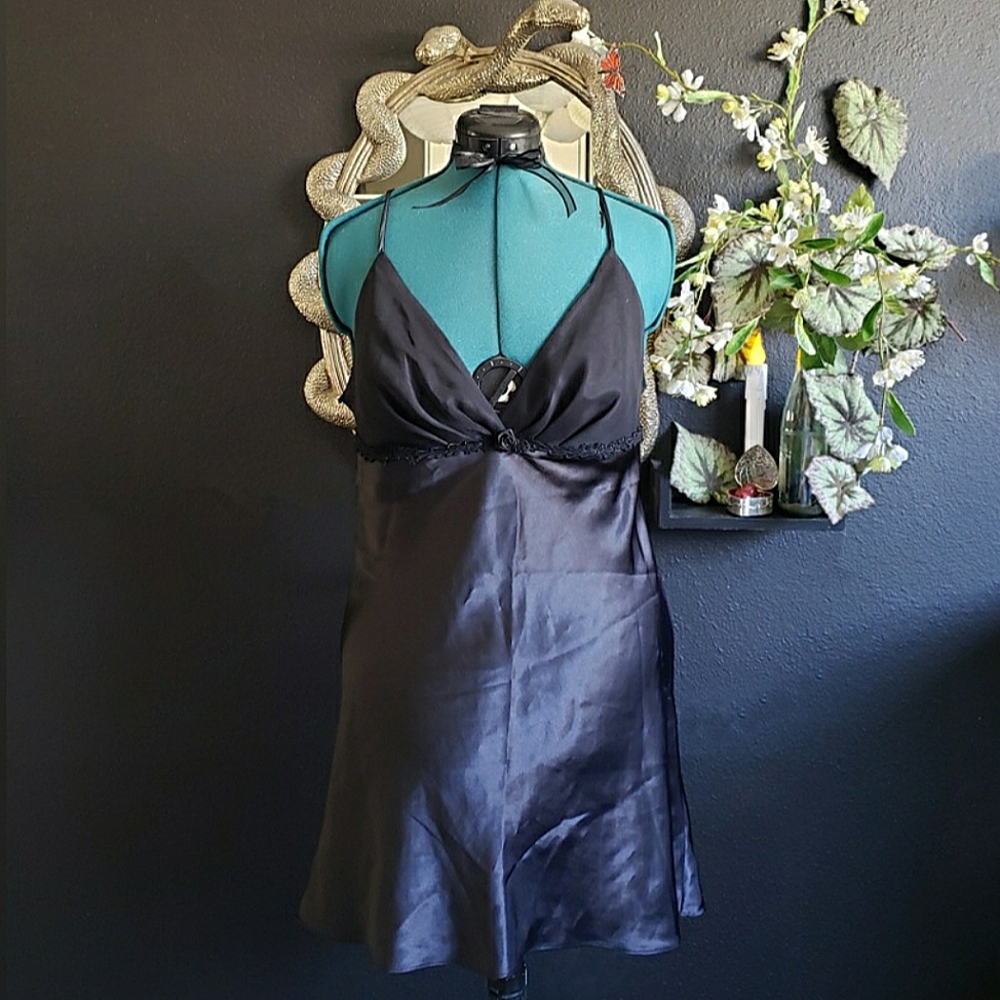 90's vintage black rosette trim slip dress